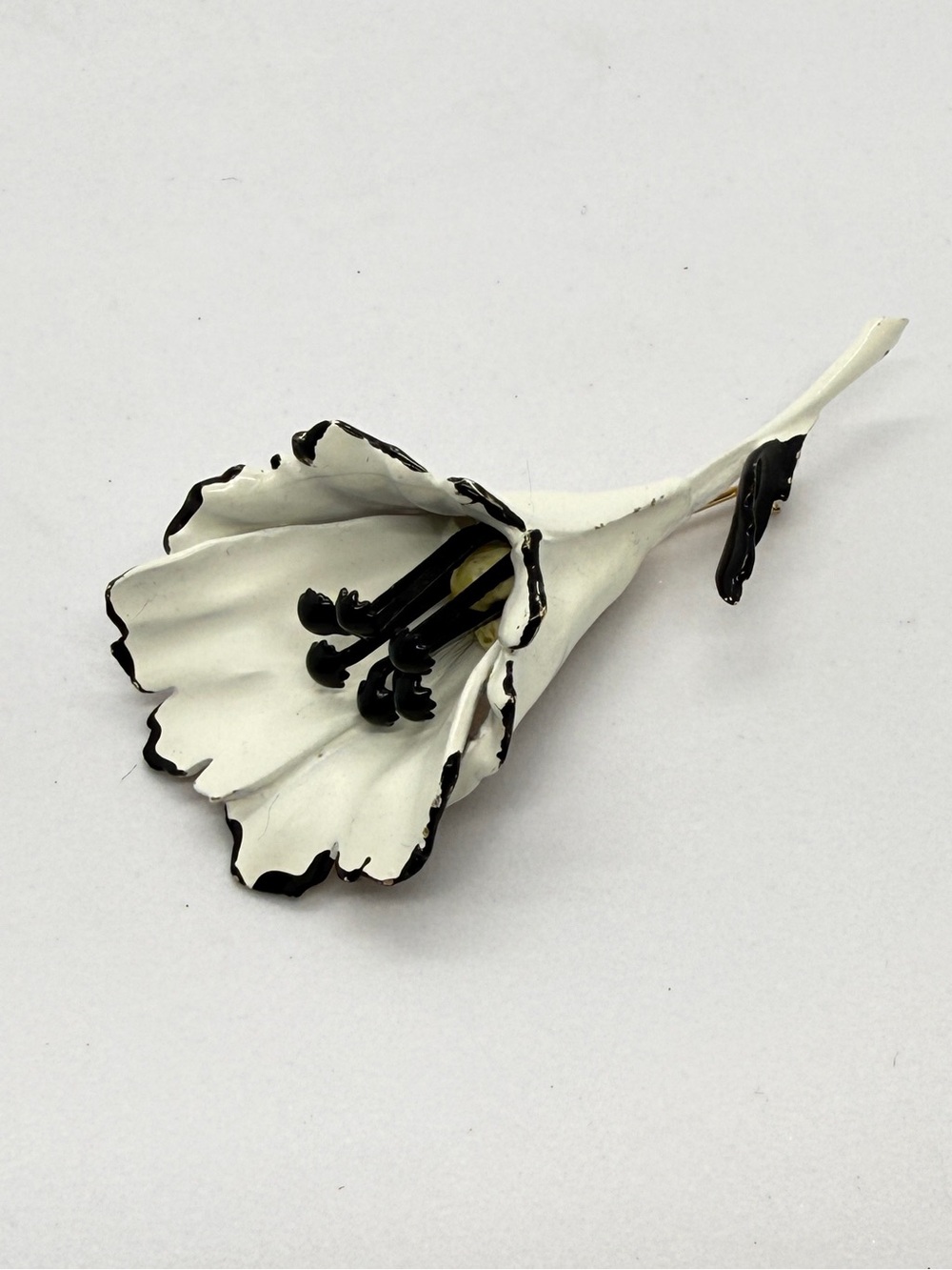 Vintage ART White Enamel Lily Flower Brooch Black Trim Signed Mid Century